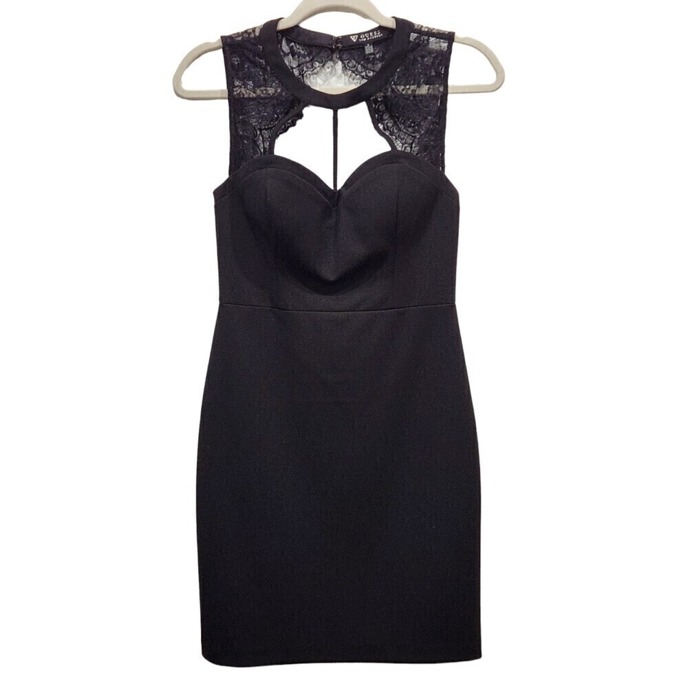 GUESS Black Cut Out Eyelash Lace Sweetheart Neckline Bodycon Mini Dress, 4